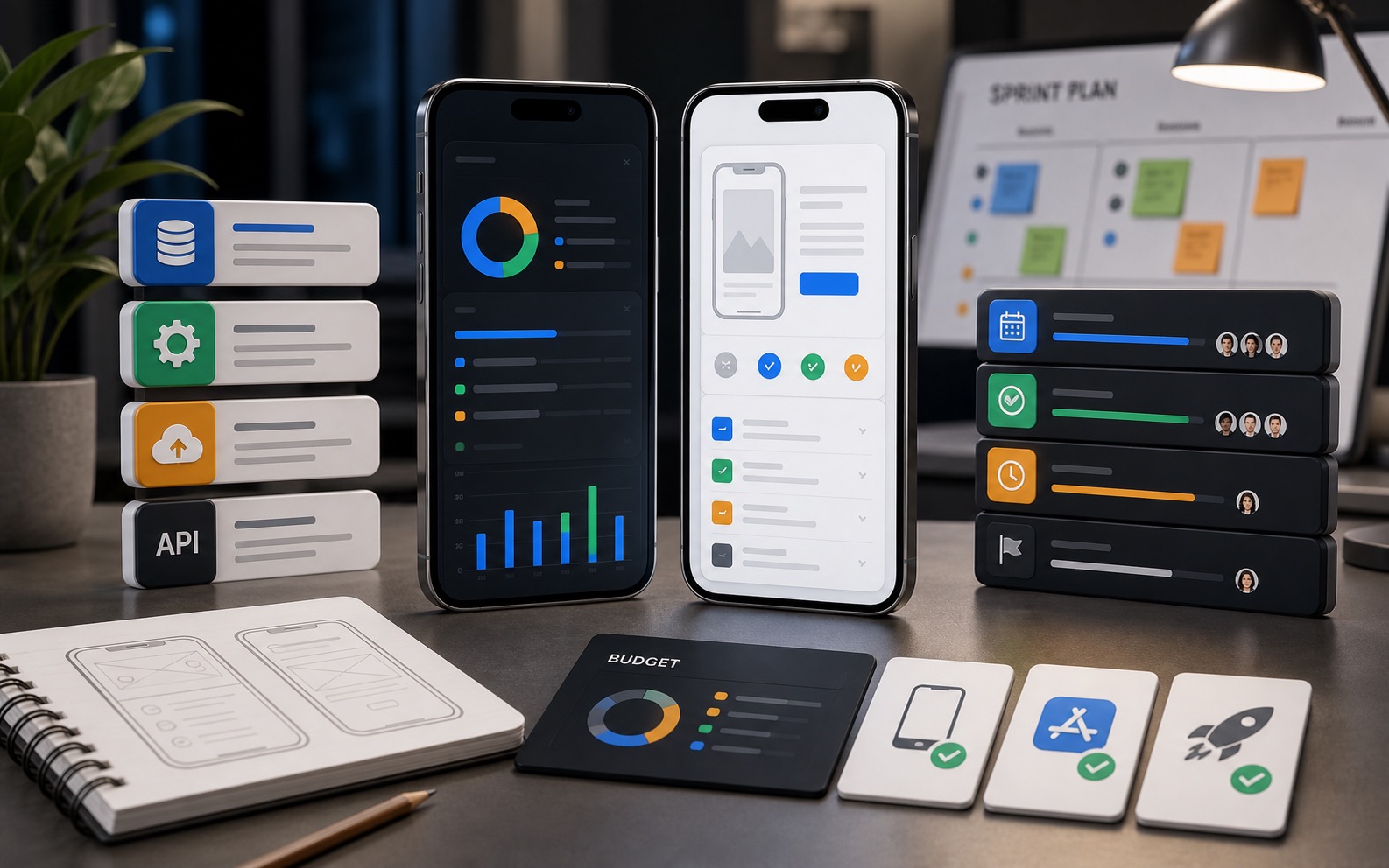 iOS ve Android mobil uygulama maliyet planlamasını gösteren modern ürün görseli